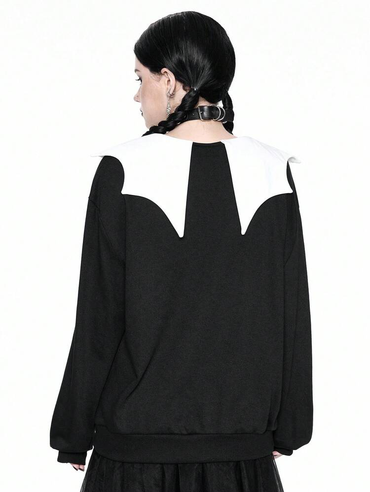 ROMWE Cute Mischievous Gothic Halloween Bat Shaped Collar Bride Print Loose Fleece Pullover Sweatshirt For Women - Black - View 3