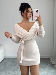 Elenzga Vestido de punto elegante de manga larga con escote en V profundo y lazo para mujer - Albaricoque - Ver 7