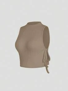 SHEIN Unity 女式纯色中式领口合身扭纹前襟优雅针织上衣 - 卡其色 - 查看 4