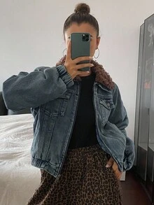 DAZY Chaqueta casual de invierno con cremallera y cuello de peluche para mujer - Azul - Ver 6