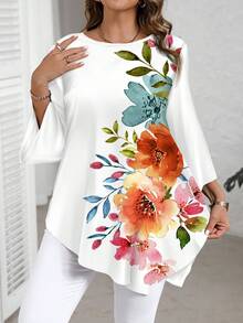 Áo sơ mi dáng rộng in họa tiết hoa màu nước thanh lịch cỡ lớn, phù hợp cho mùa xuân/thu, quà tặng tuyệt vời cho giáo viên - Nhiều màu - Xem 1