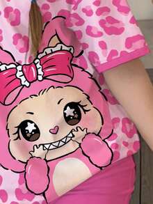 SHEIN Leap Crew 2pcs Tween Girls Casual Minimalist Pink Leopard Print & Cute Cartoon Graphic Short Sleeve T-Shirt And Shorts Set, Suitable For Summer Kawaii Clothes For Kids Cartoon Pattern Girls Set Pink Girls Outfit - Multicolor - View 5