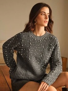 Anewsta 女士秋冬珍珠设计灰色毛衣，宽松针织套头衫，优雅冬日 - 灰色 - 查看 1