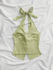 Soleia Top camiseta de tirantes con escote halter, abertura en la espalda y dobladillo con nudo lateral, con estilo y sensualidad - verde menta - Ver 2