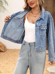 EMERY ROSE Casual Loose Front Button Pocket Long Sleeve Women Denim Jacket - Blue - View 7