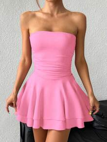 SHEIN PETITE Váy ngắn hở vai gợi cảm họa tiết da báo kèm chân váy xếp nếp nhiều lớp - Màu Hồng  San hô - Xem 4