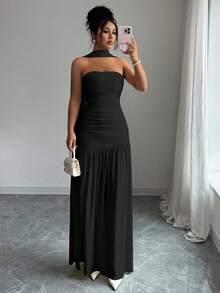 Elenzga Fashionable New Solid Color Glossy Fabric Strapless Long Flowy Ruched Waist Slit Hem Dress, Suitable For Weddings, Graduation Parties, Dates, Vacations - Black - View 5