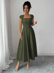Elenzga Women's Elegant Solid Color Square Neck Waist Tie Splice A-Line Short Sleeve Midi Dress, Suitable For Commute, Beach, Vacation, Music Festival, Beer Festival - Army Green - View 6