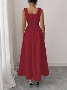 Elenzga 全新女式编织纹理花卉面料细肩带蝴蝶结设计腰部 A 字型时尚百搭优雅精致淑女连衣裙 - 酒紅色 - 查看 2