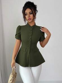 SHEIN Elenzya 女士休闲时尚西西里优雅短袖衬衫，立领，前襟纽扣，泡泡袖，A 字廓形，装饰口袋，适合通勤、度假、下午茶、派对、春夏季 - 軍綠色 - 查看 5