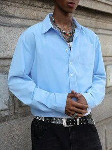 PAVTROS Manfinity Streetrush Men's Street Style, Versatile Solid Color Short Sleeve Shirt, Suitable For Street Wear, Casual Daily, Weekend Outings, Music Festivals, Social Gatherings. This Shirt Is An Essential Versatile Piece In A Man's Wardrobe, Making It A Great Gift For A Boyfriend Or Husband. Men Cropped Button Up Shirt Men Boxy Shirt Men Light Blue Shirt Men Baby Blue Shirt Sky Blue Button Shirt Men, Fall, Old Money Style - Blue - View 4
