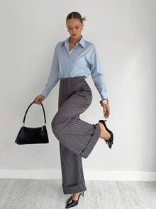 Siren Gaze 女高腰百褶宽松直筒裤灰色条纹阔腿裤秋冬商务休闲高腰阔腿长裤 - 灰色 - 查看 4