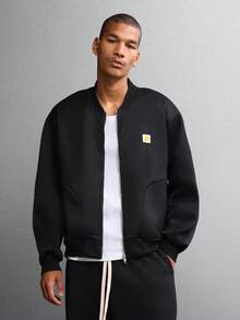 SUMWON Crop Fit Classic Full Zip Jersey Bomber Jacket With Side Pockets Minimalist Design Essential Lightweight Casual Fall Winter Streetwear Plain - Black - View 6