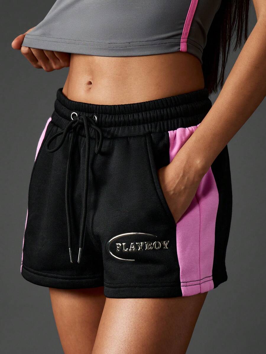 Missguided x Playboy Pantalones cortos con cordón y detalles de logo metálico con panel de contraste para uso casual de verano