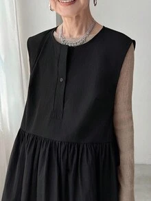 FRIFUL Women's Sleeveless Shirt With Ruffle Hem Patchwork, Loose Solid Color Blouse - Black - View 8