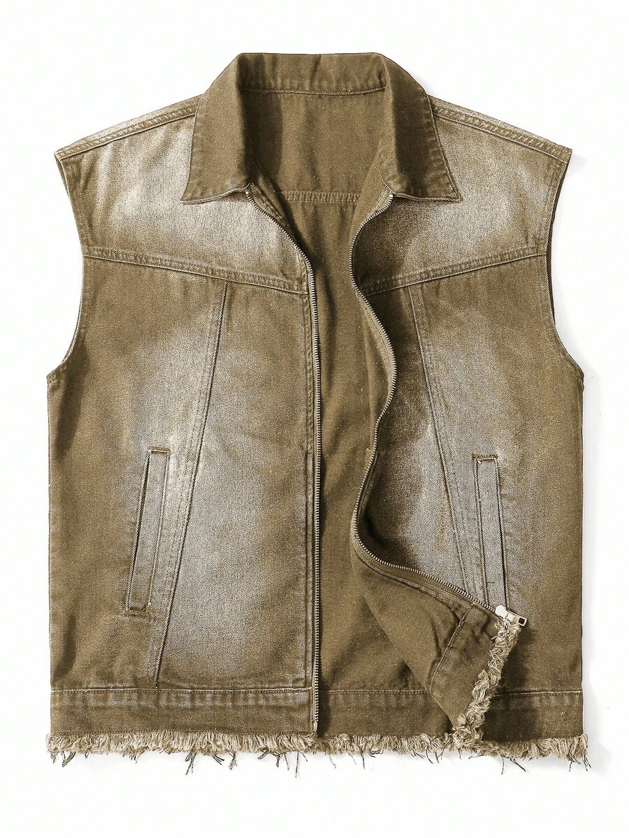 Manfinity EMRG Parte superior de mezclilla sin mangas, de color contrastante y bolsillo casual y versátil, para novio y esposo, parte superior lavada para rave, otoño - Caqui - Ver 1