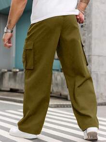 Manfinity Roughcore 秋季大码纯色抽绳腰时尚直筒工装裤 - 棕色 - 查看 2