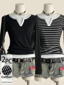 SHEIN EZwear Camiseta de manga larga casual de mujer con parches de colores contrastantes, para otoño/primavera