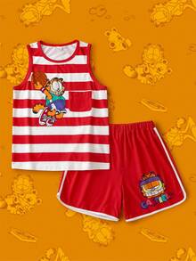 GARFIELD | SHEIN Tween Boy Cute Sports Casual Striped Pattern Round Neck Pocket Tank Top And Cartoon Graphic Shorts 2 Pieces Set, Summer