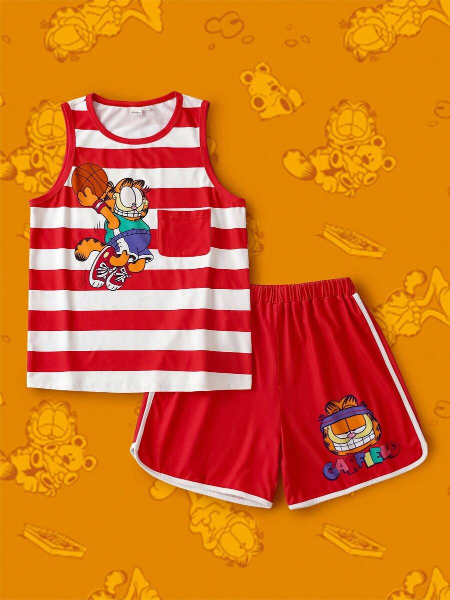 GARFIELD | SHEIN Tween Boy Cute Sports Casual Striped Pattern Round Neck Pocket Tank Top And Cartoon Graphic Shorts 2 Pieces Set, Summer