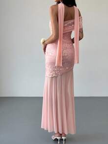 Aloruh 女士浅粉色浪漫约会度假派对不对称肩带拼布连衣裙 - 淺粉色 - 查看 10