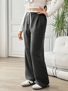 Teen Girls' Striped Loose Fit Pants With Belt - Dark Grey - View 5