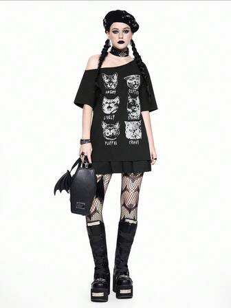 Grunge Punk T-shirt asimmetrica con stampa di gatti, stile punk Y2K, vestibilità morbida
