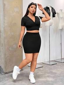 SHEIN EZwear Women's Plus Size Basic Slim Fit Solid Color Skirt - Black - View 6