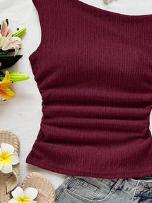 Soleia 女士度假杏色针织泡泡纹理面料不对称领带腰部修身衬衫，适合派对、约会、城市街道、公路旅行、夏季海滩度假 - 酒紅色 - 查看 6