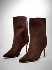 SHUZIA 魅力女士巧克力色仿麂皮高跟尖头短靴一脚蹬尖头舒适秋冬假日鞋