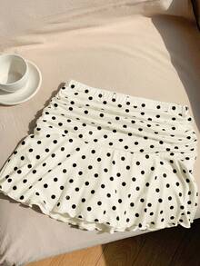 Comfortcana 针织杏色波点褶饰 A 字迷你裙 - 杏色 - 查看 2