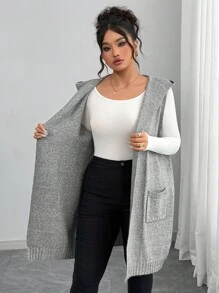 Elenzga 大码女式法式针织中长款连帽背心开衫，无袖针织毛衣外套，休闲宽松百搭通勤装，灰色无袖连帽开衫，带口袋 - 灰色 - 查看 5