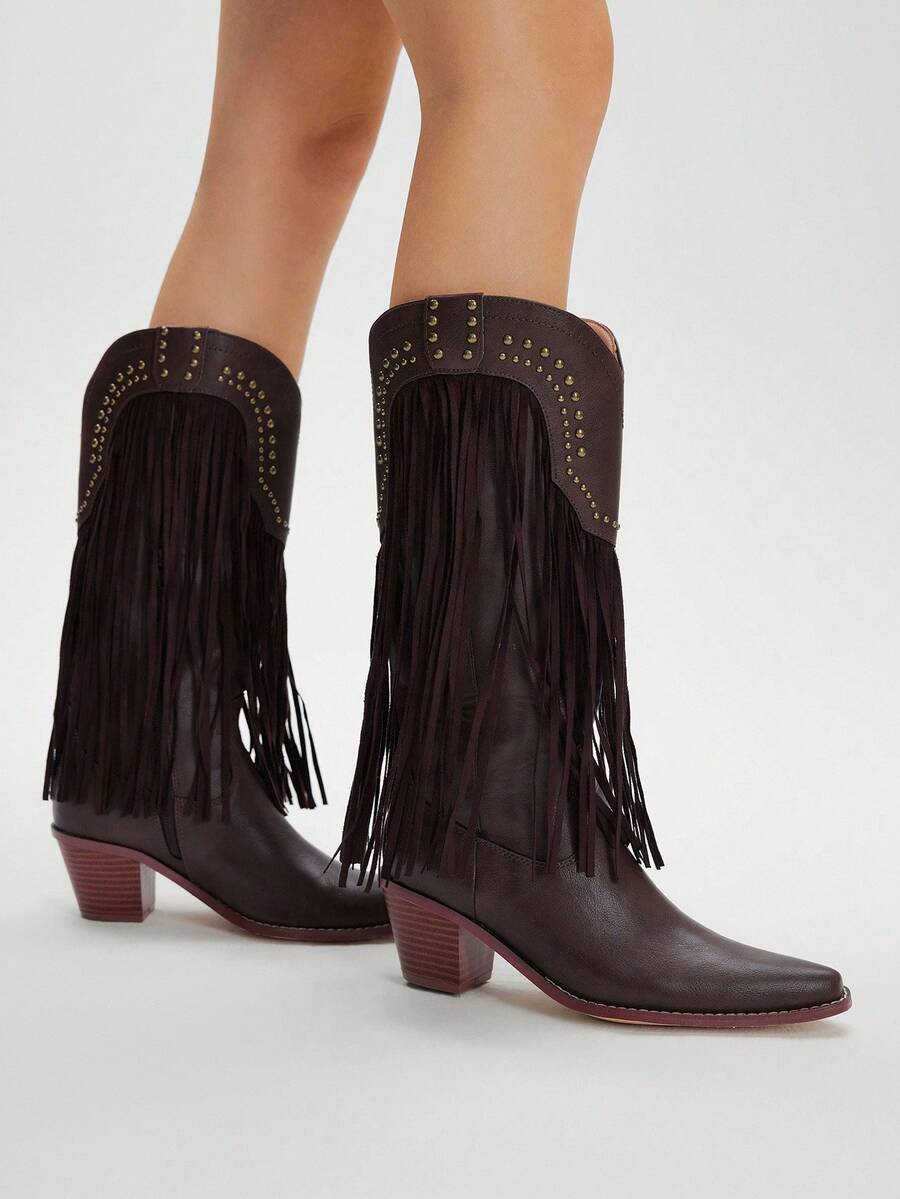 Styleloop CUCCOO 女式尖头粗跟流苏铆钉西部中筒靴 - 咖啡棕 - 查看 1