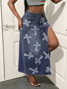 Slaydiva Women's Cross Applique Pocket Side Slit Hem Casual Denim Skirt Cross Patch Pocket New Fall Fashion Women
