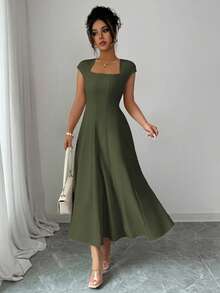 Elenzga Women's Elegant Solid Color Square Neck Waist Tie Splice A-Line Short Sleeve Midi Dress, Suitable For Commute, Beach, Vacation, Music Festival, Beer Festival - Army Green - View 7