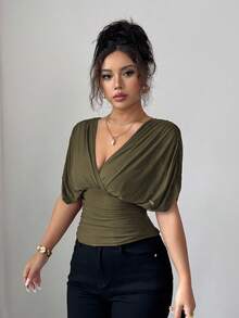 Elenzga Camiseta de mujer para primavera/verano con malla, forro elástico de punto, elegante para vacaciones, playa, uso diario y casual, con estilo romántico francés, mangas con fruncidos cruzados en los hombros, cintura fruncida con cordón y volantes en el bajo - Verde militar - Ver 6