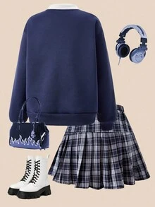 SHEIN Explorewe Roupas para meninas, moletom solto com estampa vintage americana e inglesa, gola redonda e minissaia xadrez plissada da moda, adequado para a escola e para o trajeto casual no outono - Azul marinho - Ver 2