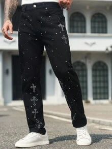 Manfinity LEGND 男士街头时尚十字水钻装饰口袋牛仔裤 - 黑色 - 查看 8