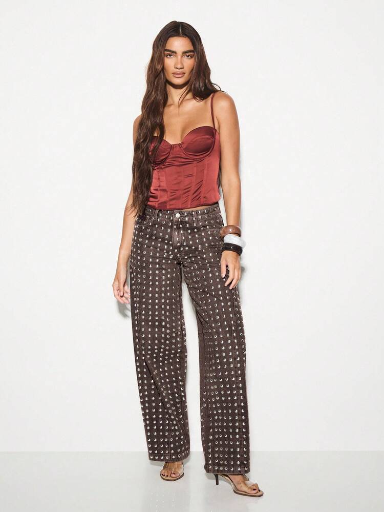 KIZN Crystal Studded Wide Leg Jeans With Relaxed Fit