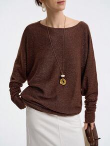 Aalyst Autumn/Winter Slouchy Elegant Minimalist Brown Metallic Thread Batwing Sleeve Sweater Fall Cloth For Women - Brown - View 6