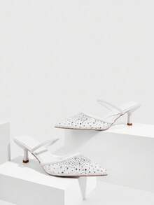 CUCCOO SZL Women's White Rhinestone Embellished Pointed Toe Chunky Heels Pumps - White - View 2