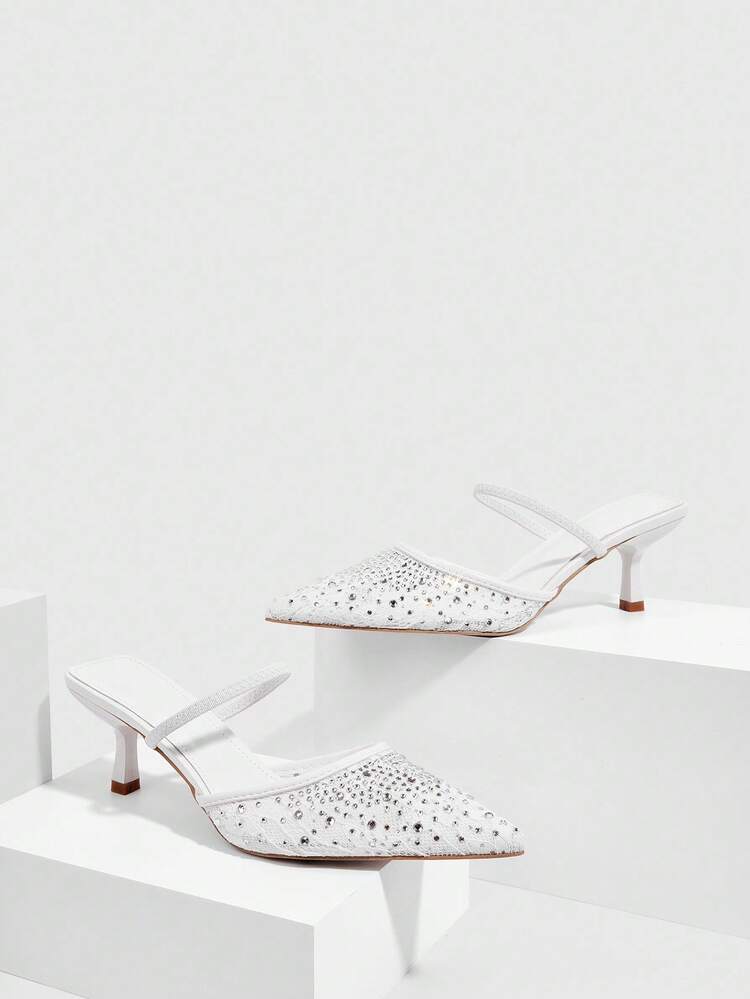 CUCCOO SZL Women's White Rhinestone Embellished Pointed Toe Chunky Heels Pumps