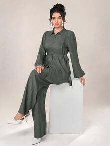 Graceveil Women 2pcs Set Front Button Long Sleeve Casual Blouse And Trousers 2 Pieces Set Modest - Green - View 7