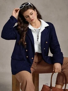 Zelara 大码女式海军蓝双排扣针织西装外套，秋冬返校季商务休闲女装，乡村音乐会复古斯德哥尔摩风格办公室着装，教师工作/办公室冬季时尚 - 藏蓝色 - 查看 8