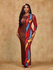 Brilight 1女士修身几何图案印花长袖连衣裙 - 彩色 - 查看 7