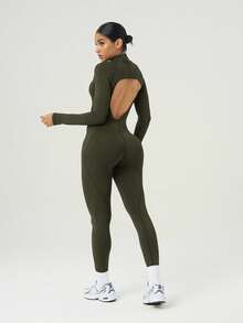 Powerista Solid Color Zipper Stand Collar Tight Fit Long Sleeve Jumpsuit - Army Green - View 2