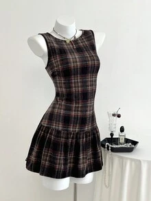 Elamini Vintage Collegiate Style Brushed Plaid Mini Dress - Multicolor - View 3