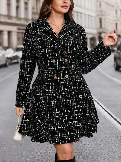 SHEIN Clasi Plus Size Elegant Black & White Plaid Cinched Waist Tweed, Women's Black And White Tweed A-Line Blazer, Elegant Tweed Mini, Double-Breasted Suit, Four-Season Tweed, Black Blazer For Office, Workwear, Parties And Daily Wear, Stylish Blazer, A-Line For Fall Winter Spring, Classic Houndstooth Plaid Blazer For Business, Evening Events And Casual Chic Looks