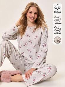 Loomlin Cottonline Women 2 Pcs Cute Rabbit Animal Pattern Homewear Cute Pajama Set Womens Pajama Sets With Bunnies Cotton Pajama Set Women Long Sleeve Pajama Set Women Comfy Pajama Sets For Women - Multicolor - View 1