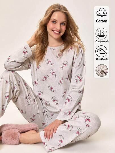 Loomlin Cottonline Women 2 Pcs Cute Rabbit Animal Pattern Homewear Cute Pajama Set Womens Pajama Sets With Bunnies Cotton Pajama Set Women Long Sleeve Pajama Set Women Comfy Pajama Sets For Women